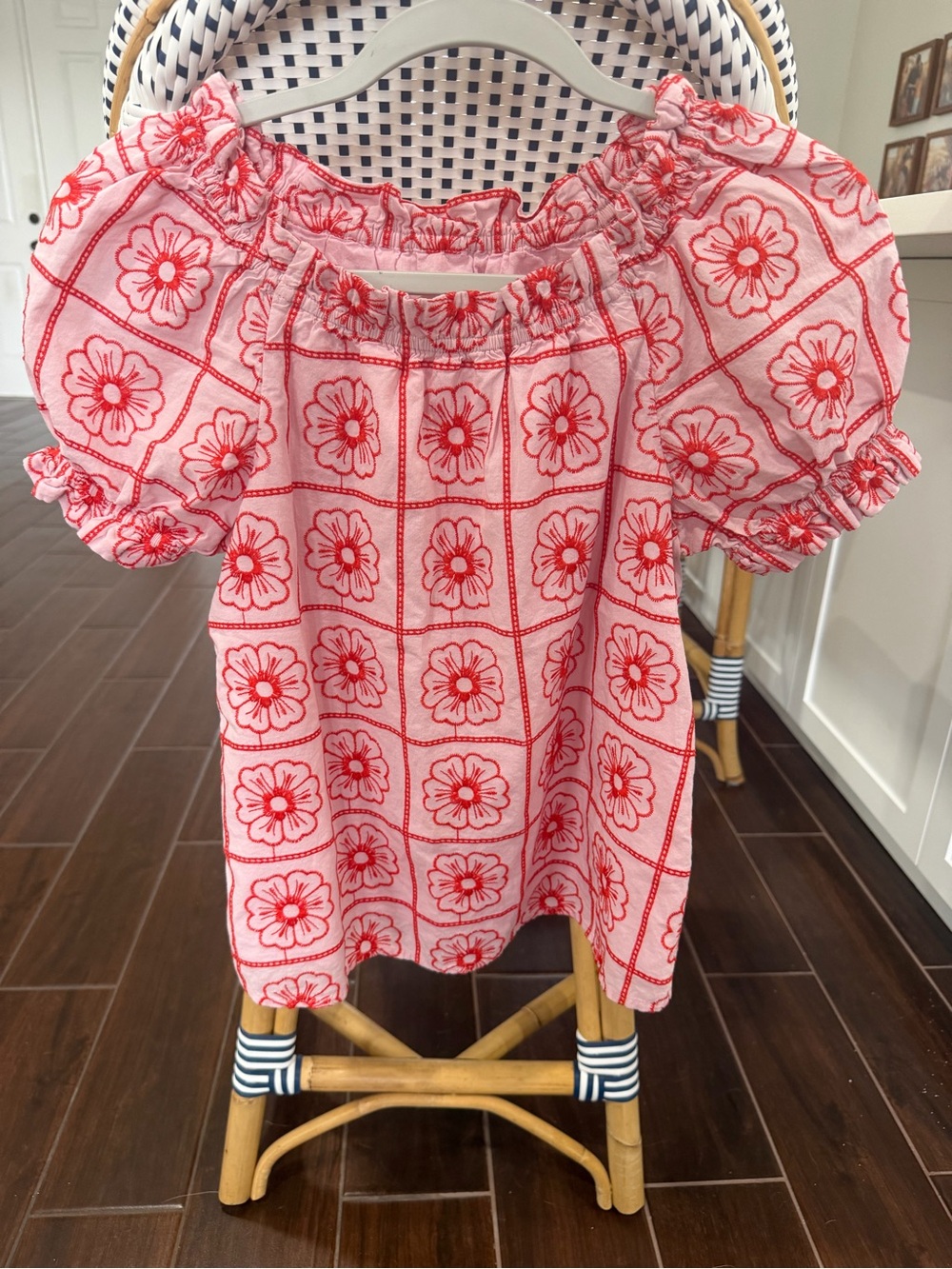 Crewcuts J.Crew Girls Pink Red Grid Floral Embroidered Smocked Blouse Top Sz XL